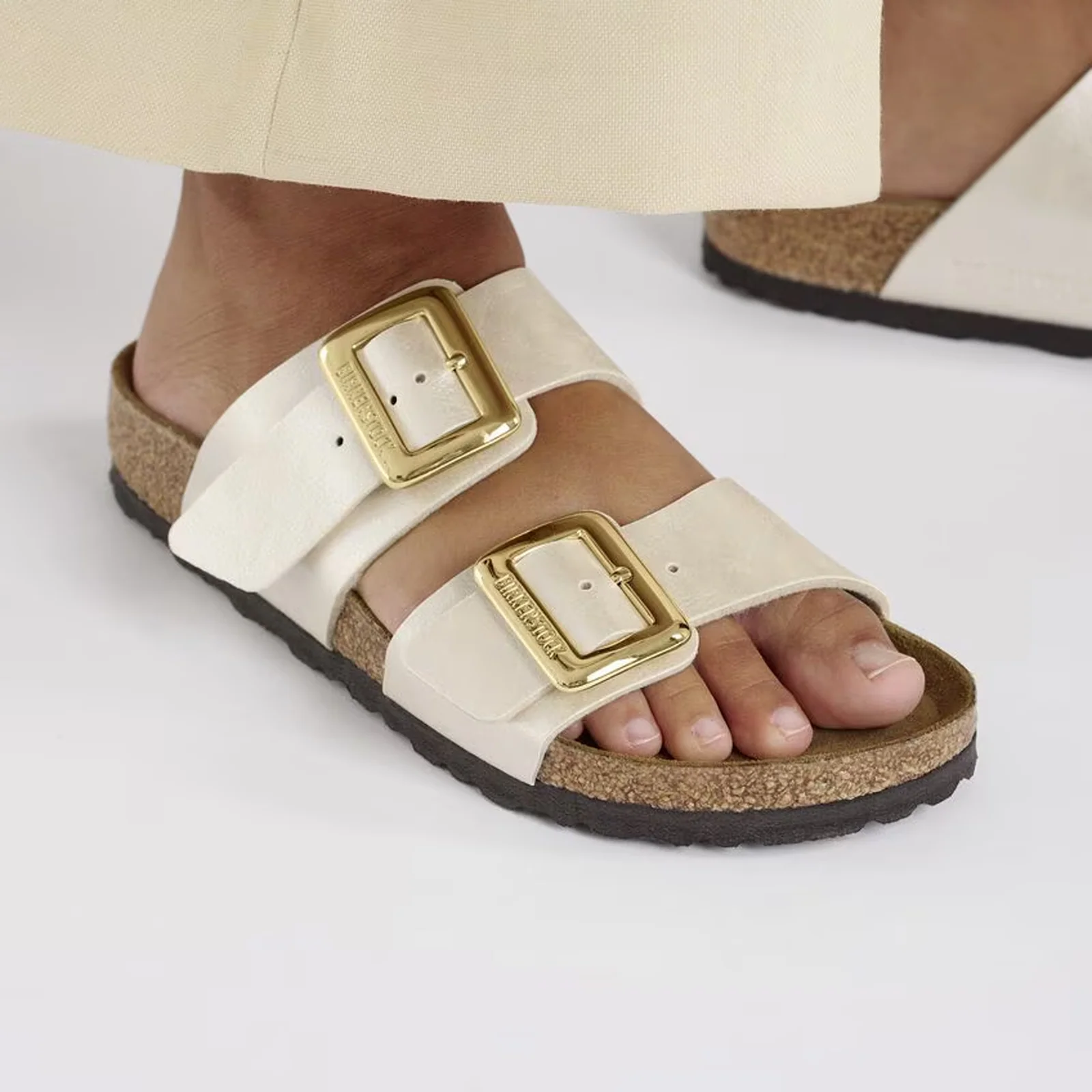 Birkenstock Sydney Luxe Buckle Narrow Slide Sandal (Women) - Graceful Pearl White Birko-Flor - Image 7