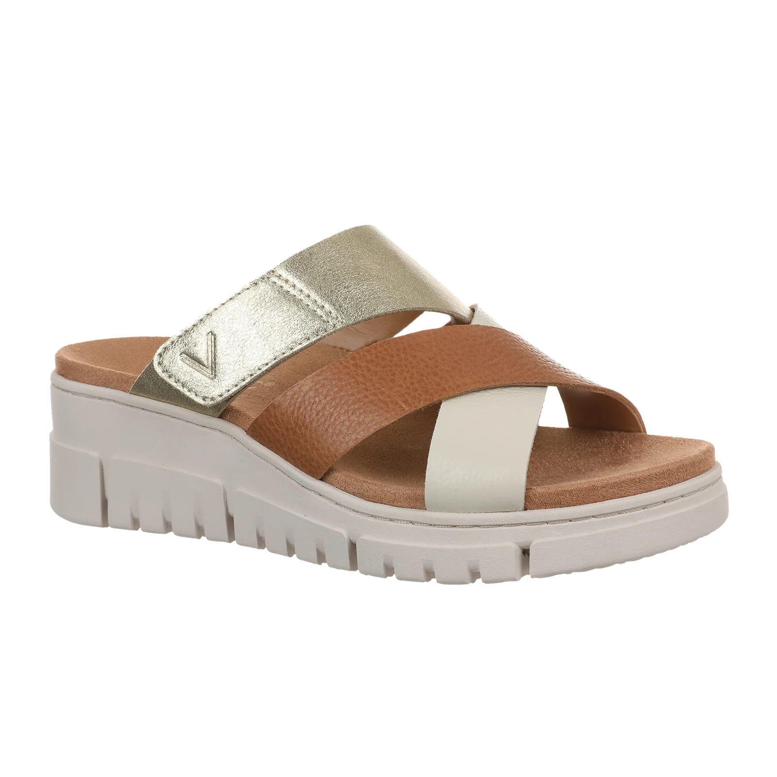 Vionic Uptown Sunset Wedge Sandal (Women) - Tan/Gold Metallic Leather